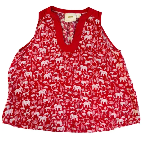 Maeve Anthropologie Red Safari Animal Print Sleeveless V-Neck Blouse Top Size 2 - Image 2