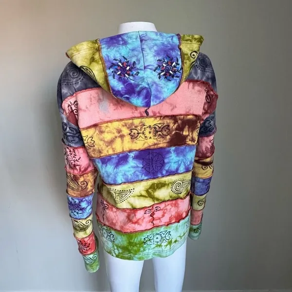 Rainbow Patchwork Boho Hippie Tie Dyed Full Zip Hoodie Women’s Size M/L - Image 5