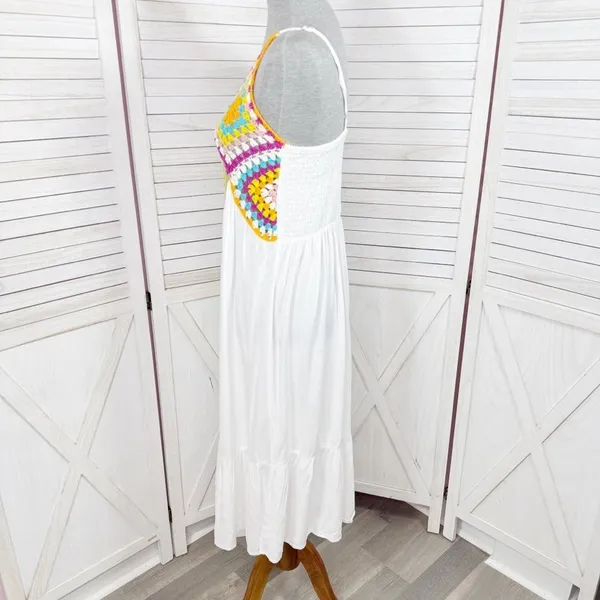 Raviya Crochet Bodice Top‎ Tiered Boho Midi Dress Cover Up White Multi Medium - Image 3