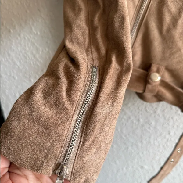 Olivaceous Faux Suede Moto Jacket Beige Size M - Image 5