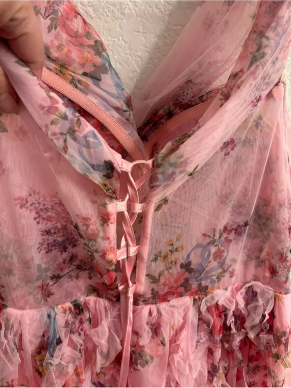 Feariesty Pink Floral Ruffle Strapless Formal Dress - Image 5