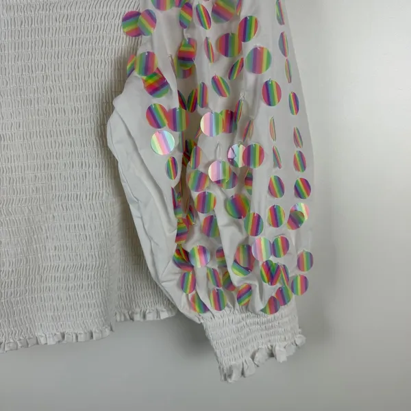 Queen of Sparkles White Smocked Rainbow‎ Sequin Top & Skirt Coord Set Medium - Image 2