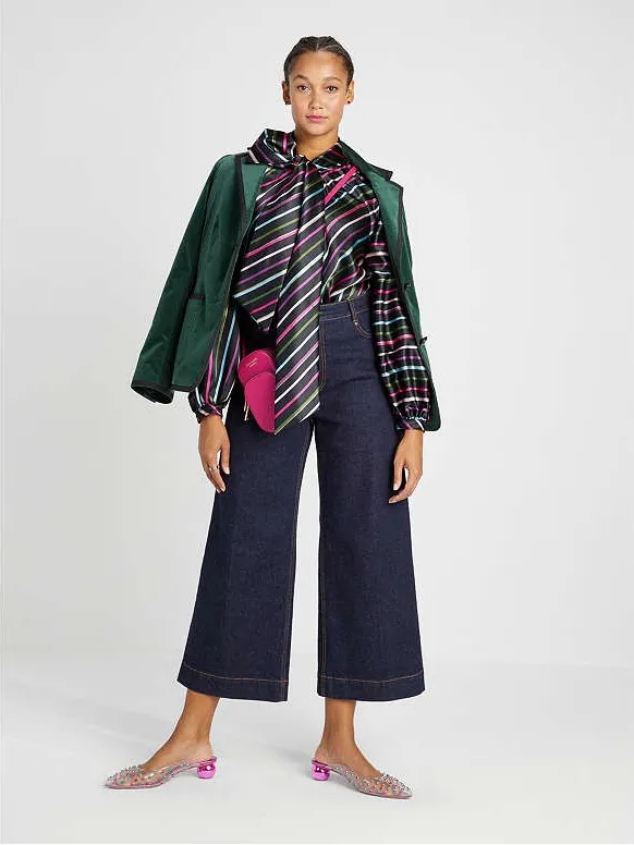 kate spade Black Satin Tie-Neck Blouse with Pink, Green, Blue and White Stripes - Image 7