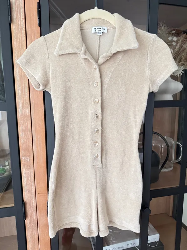 Frankie’s Bikinis Rose terry Romper onesie beige sand short sleeve button down - Image 9