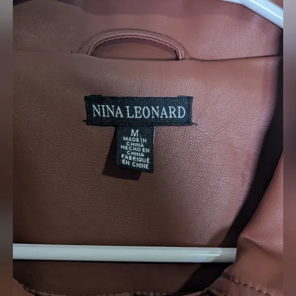 Nina Leonard Cognac Brown Faux Leather Zip Moto Jacket Women’s Medium - Image 2