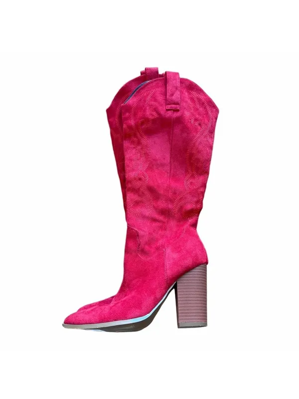 Women's Tall Red Faux Suede Western Theme Block Heel Boot Size 6.5 #2602028 - Image 2