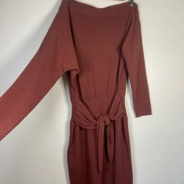 ANTHROPOLOGIE Womens L Redwood Off Shoulder Mini Dress Dolman Sleeve Tie Waist‎ - Image 3
