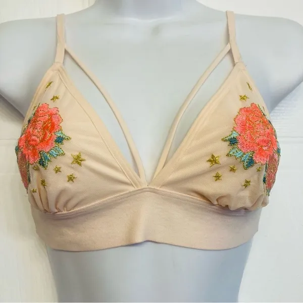 PINK Victoria's Secret Bralette Sz Small Peach Floral Embroidered‎ Star Mesh NEW - Image 3