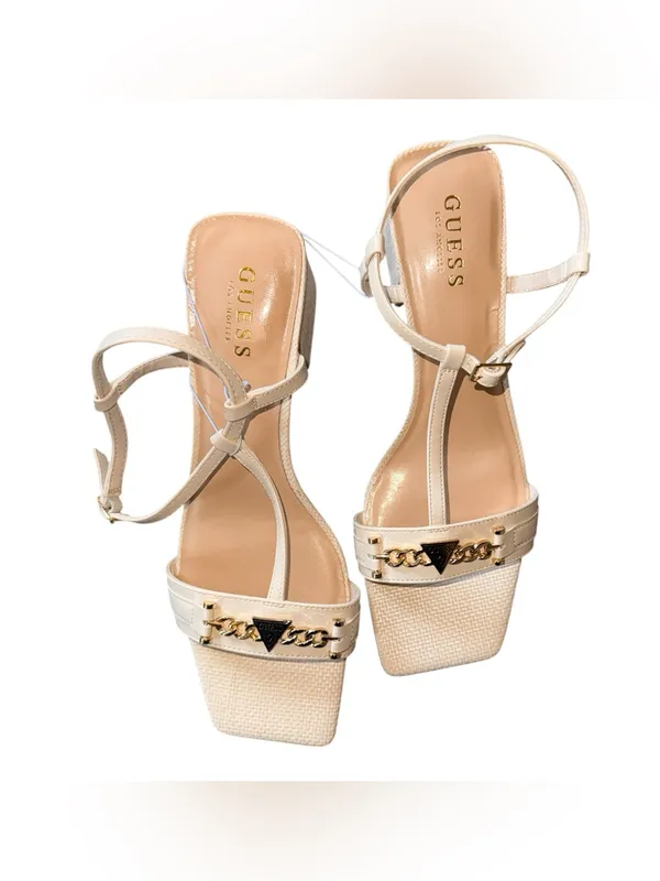 NEW Guess Off White Square Toe Chain Sandals T-Strap Heeled Mules with Gold - Image 2