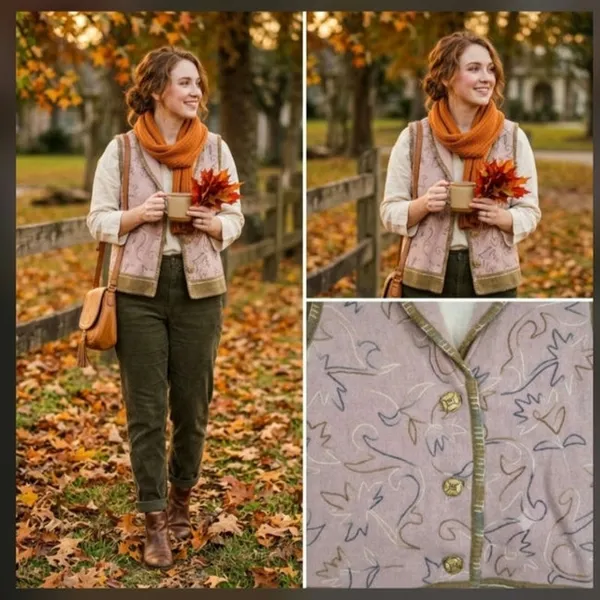 Vintage IVY Wool Blend Embroidered Blanket Vest Shawl Collar Boho Artsy Fall S - Image 9