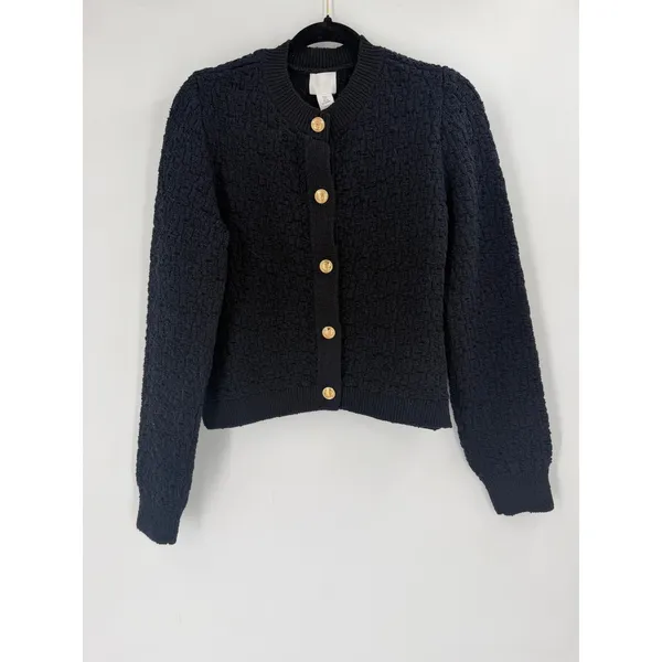 NWT H&M Textured Knit Cardigan Womens S Navy Blue Gold Crest Button Old‎ Money - Image 3