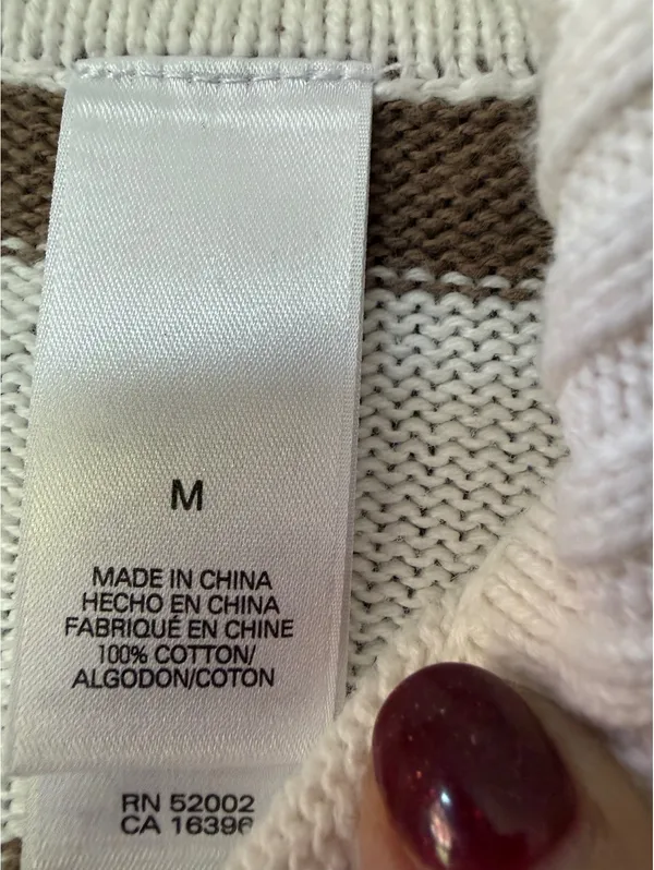 Liz & Co. Brown and White Striped Cotton Half-Zip Sweater, Size M - Image 4
