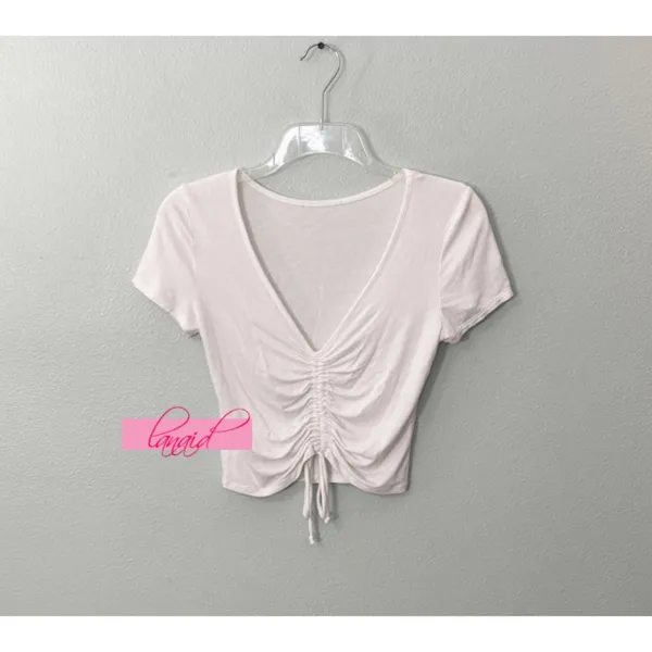Ambiance Apparel Ruched Scrunched V-Neck Short Sleeve Drawstring Gathered Cropped Tee Crop Top S - Image 2