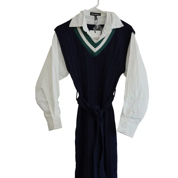 En Saison Navy Cable‎ Knit Sweater Vest Shirt Dress Mixed Media Midi XS NEW - Image 5