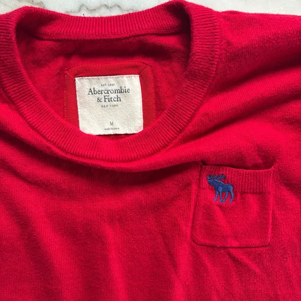 Vintage Abercrombie & Fitch Red Cropped Pocket Sweater Moose Logo Size Medium - Image 3
