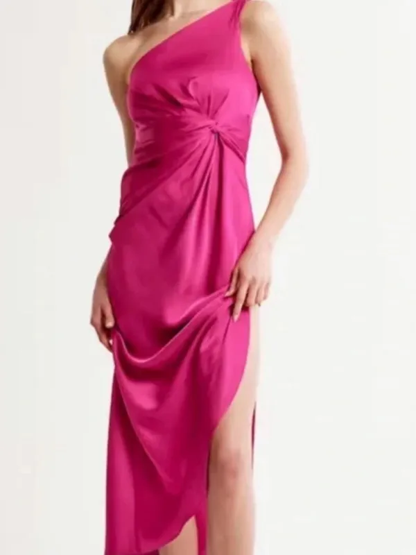Abercrombie & Fitch Satin One Shoulder Knotted Midi Dress Fuchsia XS NEW $130 - Image 3