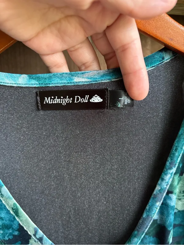 Midnight Doll Teal Floral Whimsigoth Velvet Mini Dress - Image 2