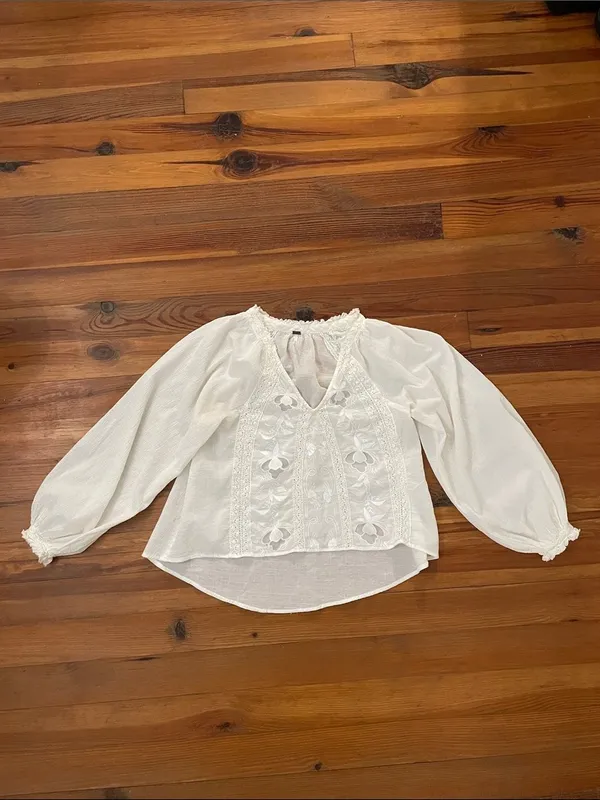 Free People Sivan Embroidered Blouse Ivory Small Boho Lace Crinkle Gauze Peasant - Image 3
