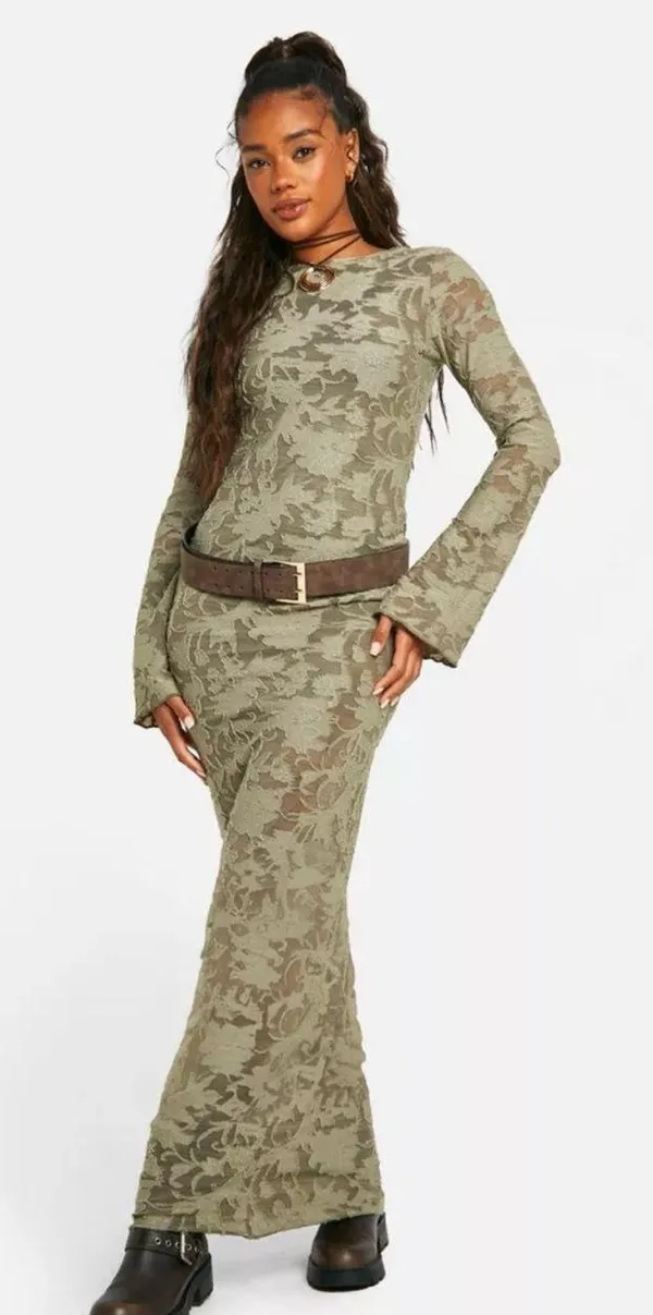 Boohoo khaki dress long sleeve lace - Image 4