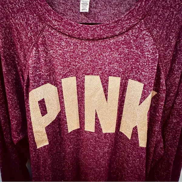 PINK Burgundy Long Sleeve Stretch Knit Top w Gold Logo Size L p-p 25 s-h 23 - Image 3