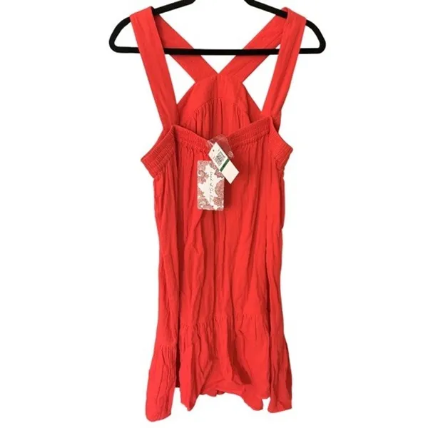 Band of the Free Blood Orange/Red Solid Crinkle Ruffle Shift Mini Dress L - Image 3