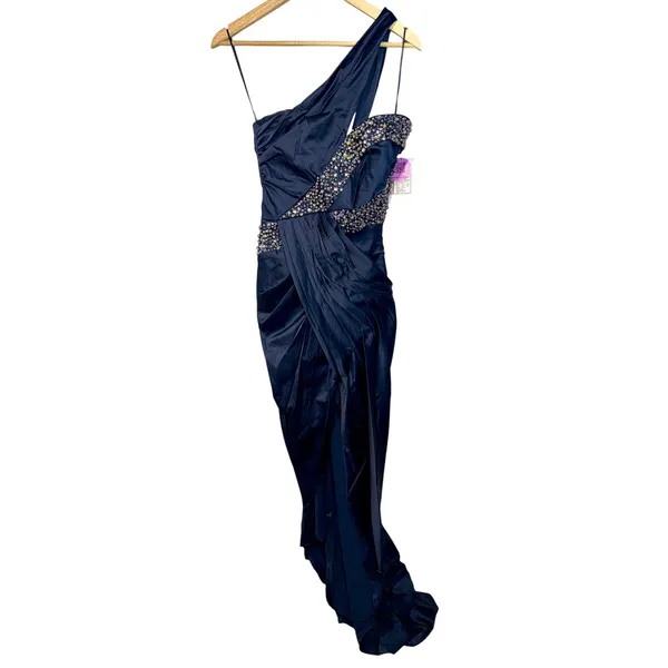 NWT Mandalay Navy Blue One Shoulder Beaded Sequin Evening Gown Dress Size 14 - Image 2