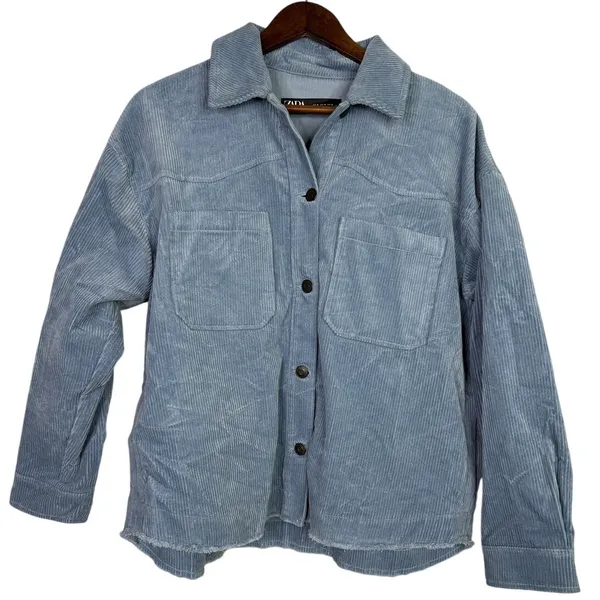 Zara Oversized Long Sleeve Corduroy Shacket Raw Hem Button Down Jacket M Blue - Image 2