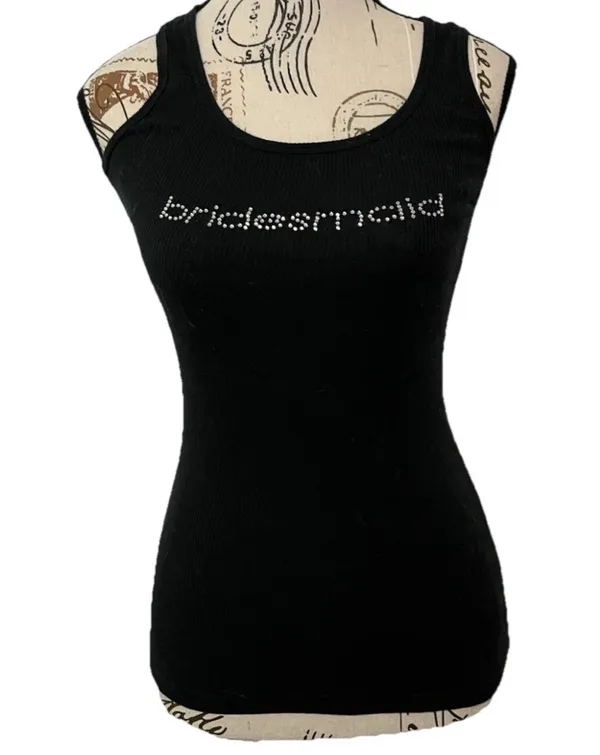 Y2K Black Bridesmaid Rib Tank Top Crystal Rhinestone Bachelorette Party Bridal M - Image 4