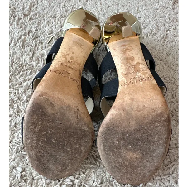 Jimmy Choo Dario Black Ladder Strap‎ Gold Heel Sandals Size US 8, IT 38 - Image 11
