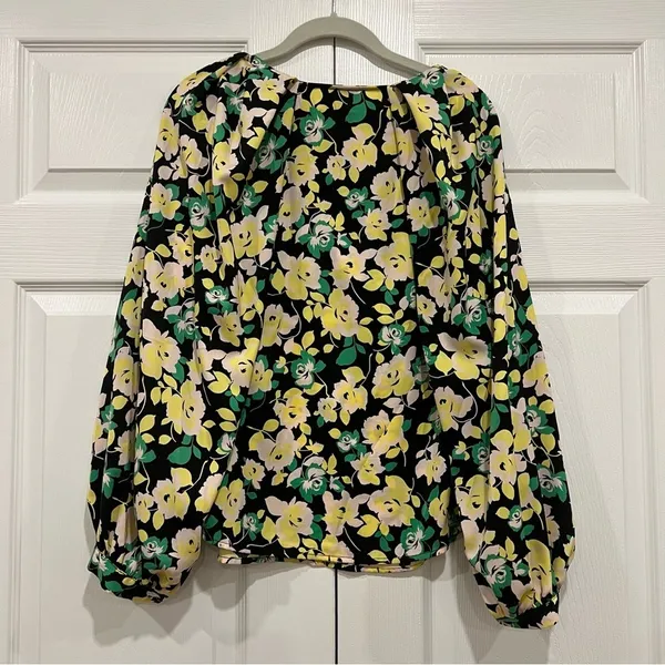 WHO WHAT WEAR Balloon Long Sleeve Keyhole Top‎ Black Green Floral Womens Large - Image 2