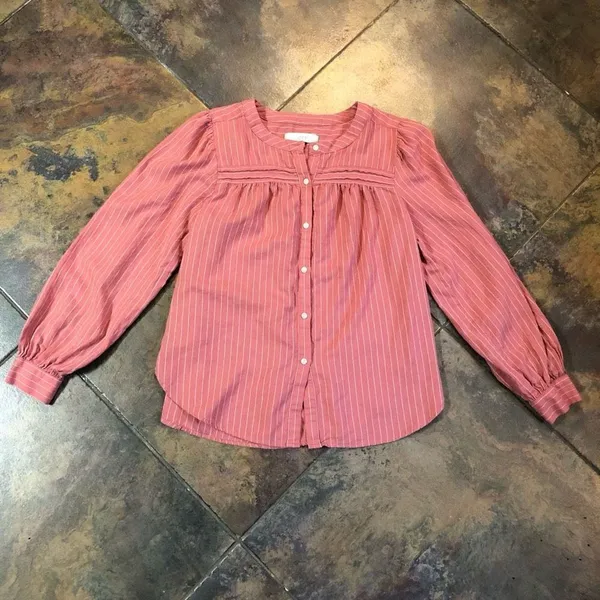 Loft Women’s Button Down Long Sleeve Blouse Pink White Size Small - Image 4