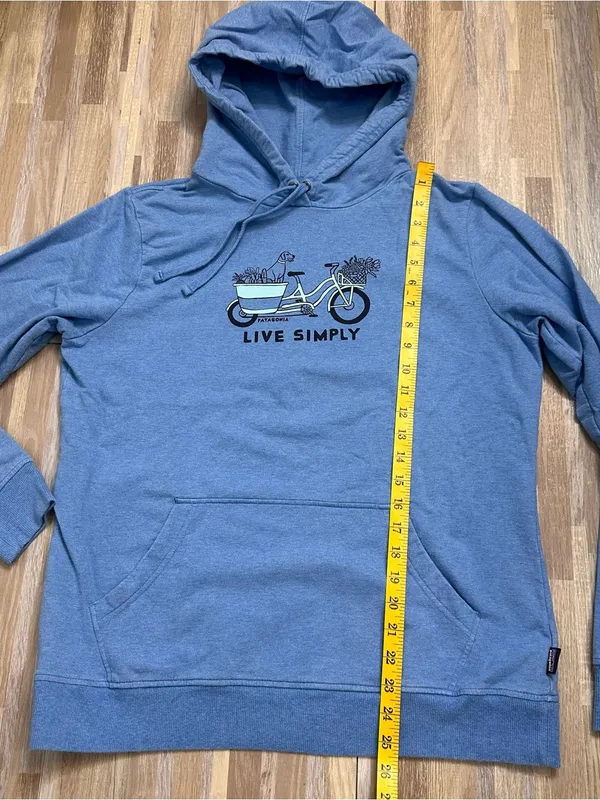 Patagonia Blue 'Live Simply' Pullover Hoodie with Bicycle Graphic Women’s Large - Image 6