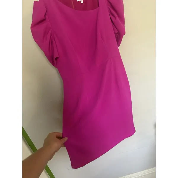 TCEC Pink Mini Dress Size M Asymmetrical Neckline Puff Sleeves Preppy Career - Image 3
