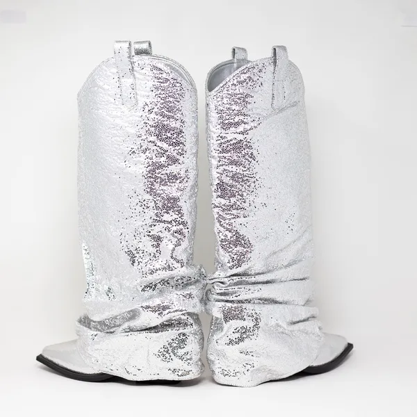 NEW Azalea Wang Shawnee Silver Metallic Scrunched Western Cowboy Boots Shoes 6 - Image 3
