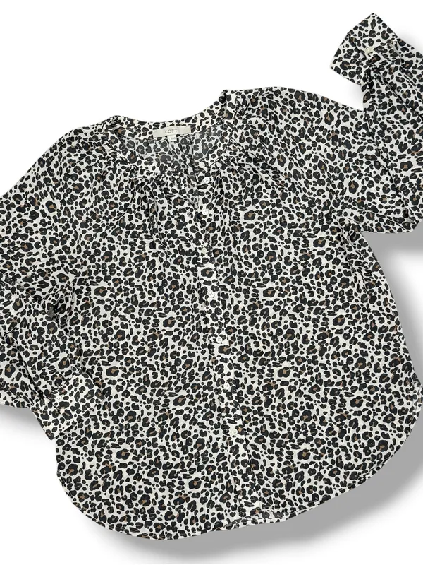 Loft Leopard Print Gathered Neck Button Up Blouse Cream Tan Large Long Sleeve - Image 12