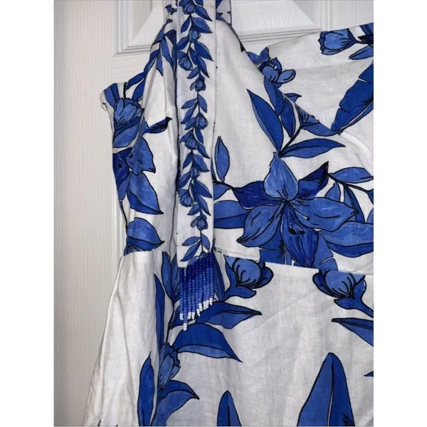 Calypso St Barth Linen Blend Smocked Back‎ Midi Dress Blue White Tropical Size S - Image 13