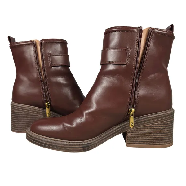 Sam & Libby Natalia Brown Faux Leather Buckle Stacked Heel Ankle Boots 9.5M - Image 9