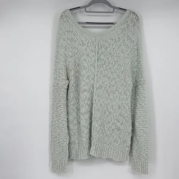 Free People Mint Green V-Neck Textured Open Knit Oversized Boxy Sweater Large - Image 2