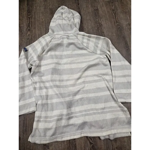 L.L. Bean Striped Gray Beige White Open-Front Hoodie Fleece Cardigan Sweater M - Image 2