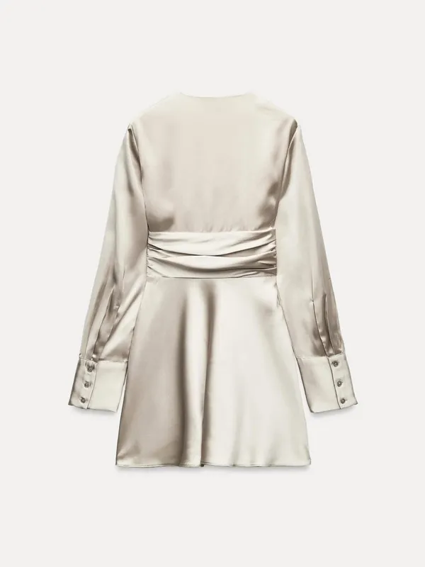 Zara Ivory Satin V-Neck Long Sleeve Mini Dress - Image 2