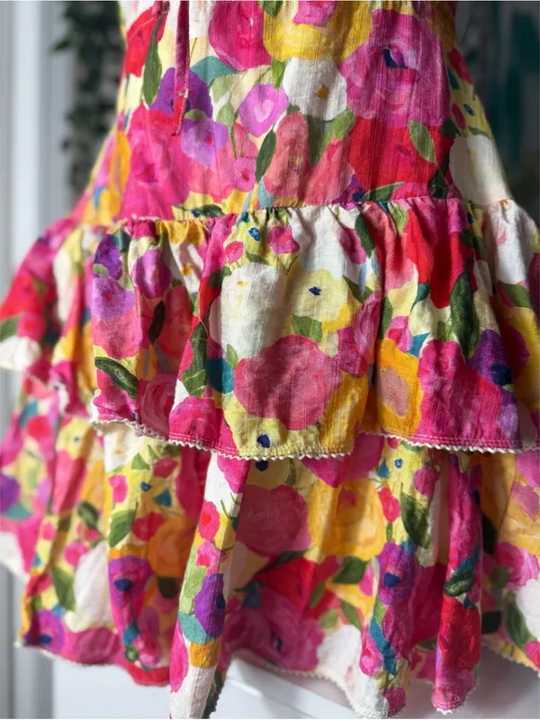 Luxxel Pink Yellow Floral Tiered Ruffle Romper Open Back Lace Up Size Medium - Image 5