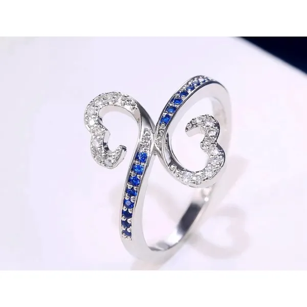 White Gold Plated Double Heart Lab Sapphire Ring Size‎ 7 - Image 3