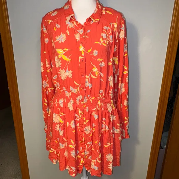Free People‎ Ruthie Coral Floral Print Button Front Mini Shirt Dress flowy Large - Image 3