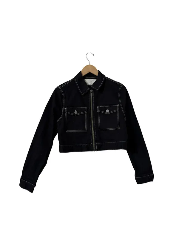 OAK + FORT Black White Contrast Stitch Cropped Cotton Jacket - Image 2