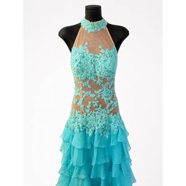 Sherri Hill 11052 Aqua Lace Tiered Ruffle Gown – NWT – Size 4 – $498 Retail - Image 5