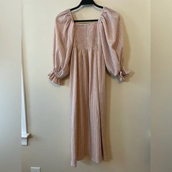REVOLVE x O.P.T. Athena Smocked Pink Gingham Ruffle Midi Dress Milkmaid Size S - Image 6
