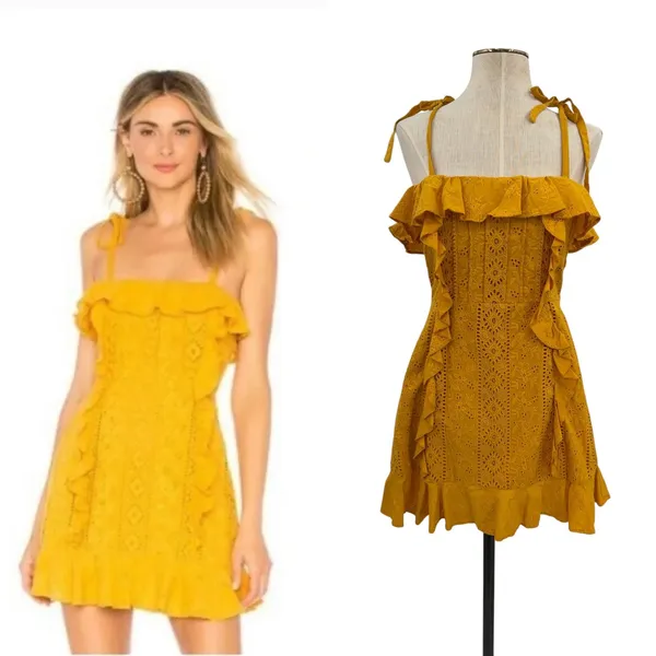 Majorelle Mara Eyelet Ruffle Mini Dress Mustard Yellow Tie Strap Size‎ Small - Image 2