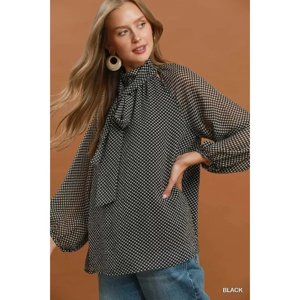 Umgee Dot Print Tie Neck Long Sleeve Blouse - Black - Large - Image 2