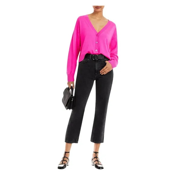 NWT Aqua Womens Front Button Cashmere V-Neck Cardigan Sweater V10337 Neon Pink M - Image 6