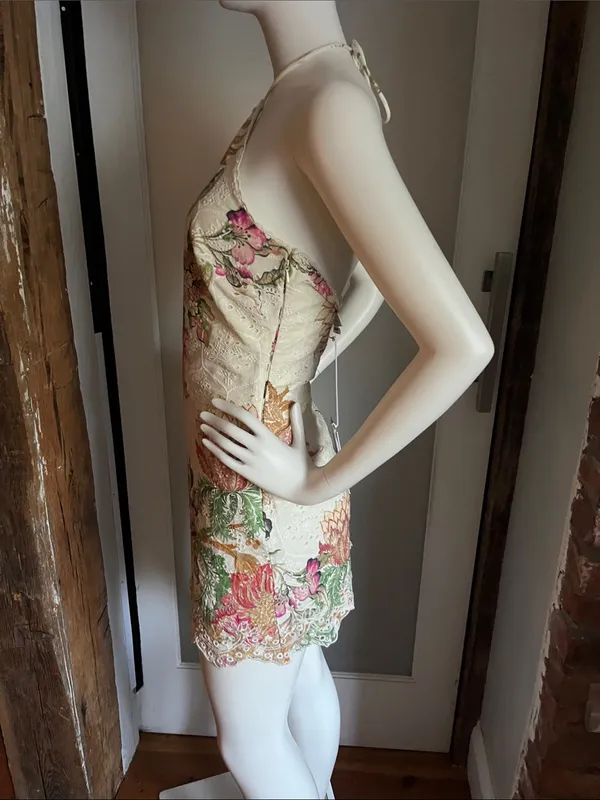 HEMANT & NANDITA White Halter Mini Dress with Pink & Green Floral Embroidery - Image 4